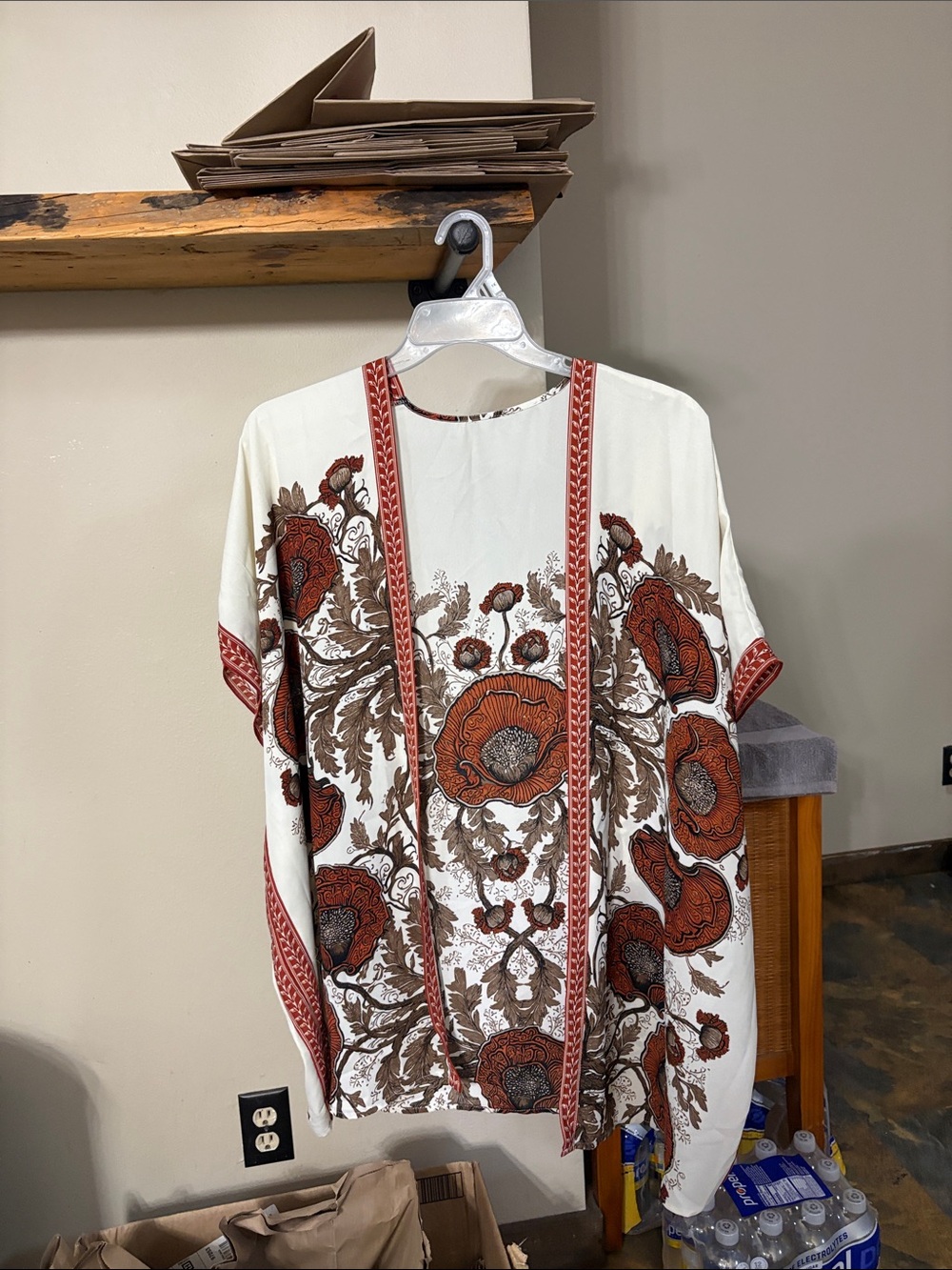 Boho Floral Open-Front Kimono in Cream and Rust